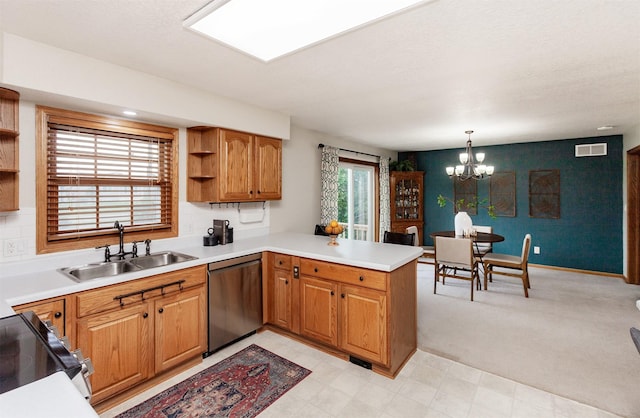 310 NE Meadowlark Ln, Waukee, IA 50263 - kitchen featuring dishwasher, open shelves, a peninsula, black range with electric stovetop, and a chandelier