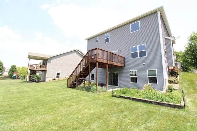 180 Bridgewood Dr, West Des Moines, IA 50266 - back of property with stairway, a wooden deck, and a yard
