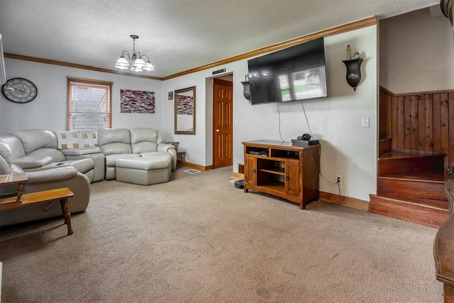 3919 69th St, Urbandale, IA 50322 - carpeted living area with a chandelier, ornamental molding, a textured ceiling, and baseboards