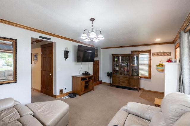 3919 69th St, Urbandale, IA 50322 - living area with crown molding, a chandelier, baseboards, and light colored carpet