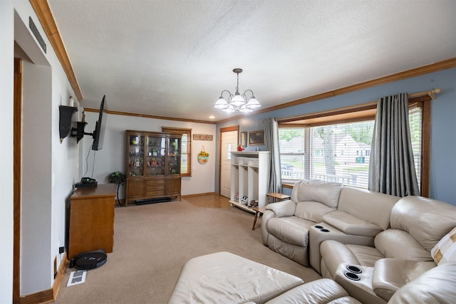 3919 69th St, Urbandale, IA 50322 - living area featuring ornamental molding, light colored carpet, a chandelier, baseboards, and a textured ceiling