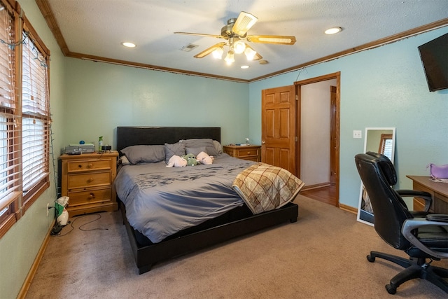 3919 69th St, Urbandale, IA 50322 - bedroom featuring crown molding, baseboards, light colored carpet, an office area, and ceiling fan