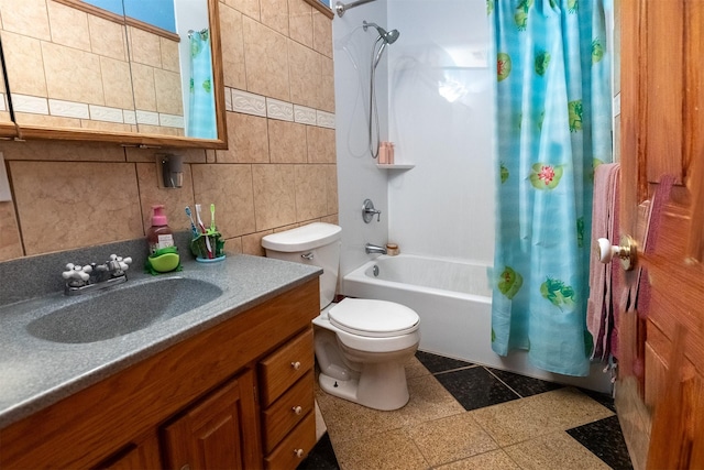 3919 69th St, Urbandale, IA 50322 - full bathroom with shower / bath combo with shower curtain, toilet, vanity, decorative backsplash, and tile walls