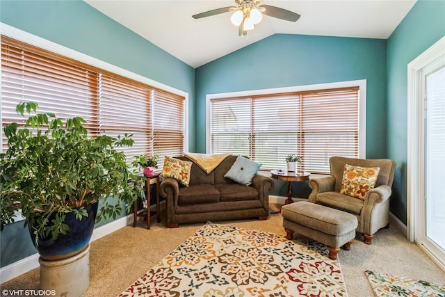 703 NE 46th Ct, Ankeny, IA 50021 - carpeted living area featuring ceiling fan, lofted ceiling, plenty of natural light, and baseboards