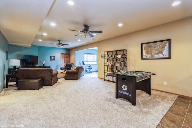 703 NE 46th Ct, Ankeny, IA 50021 - rec room with recessed lighting, ceiling fan, baseboards, and carpet