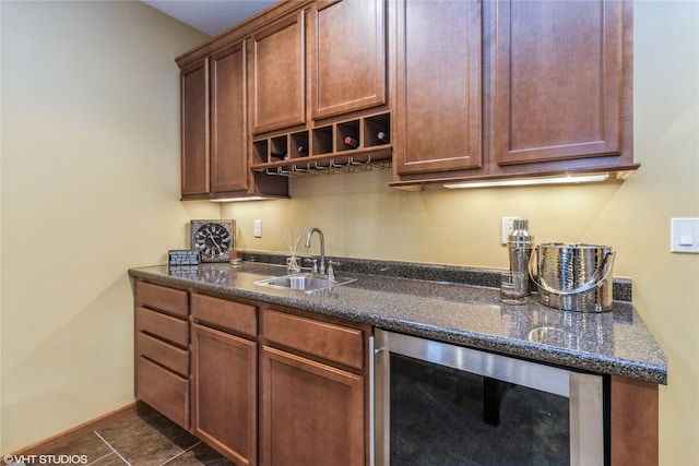 703 NE 46th Ct, Ankeny, IA 50021 - kitchen with a sink, beverage cooler, open shelves, and dark stone countertops