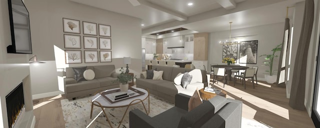 200 S Shore Dr Unit 101, Clear Lake, IA 50428 - living area featuring baseboards, wood finished floors, a fireplace, recessed lighting, and beamed ceiling