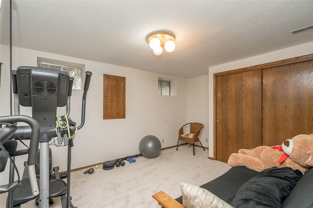 10490 Elmcrest Dr, Clive, IA 50325 - workout room featuring light carpet, baseboards, and a textured ceiling
