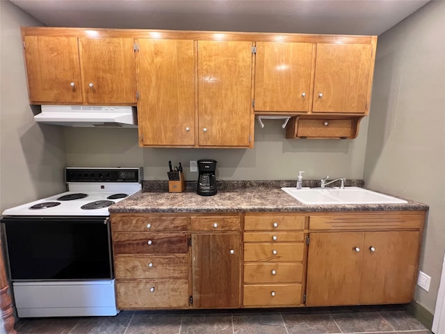 311 W 8th St S, Newton, IA 50208 - kitchen with under cabinet range hood, electric range oven, a sink, and brown cabinets