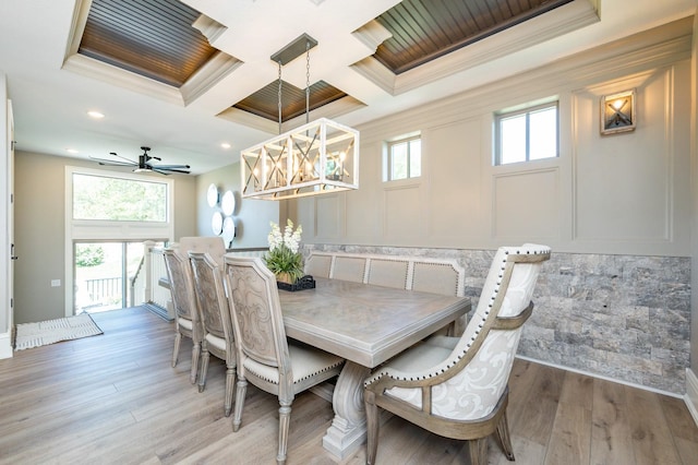 2315 14th St SW, Altoona, IA 50009 - dining space featuring crown molding, coffered ceiling, light wood-style floors, beam ceiling, and recessed lighting