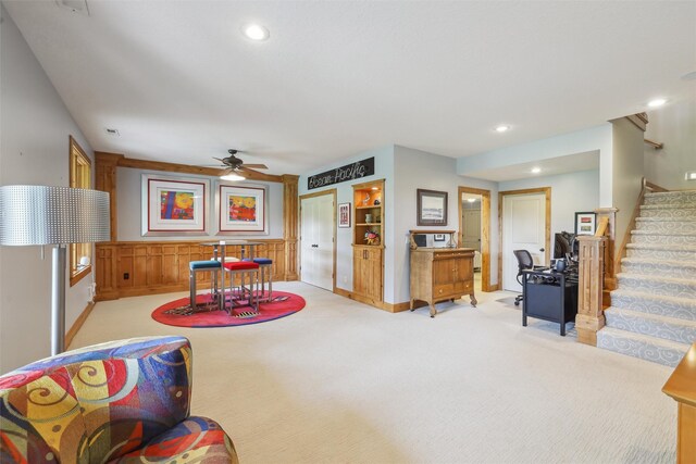 1176 Glen Oaks Dr, West Des Moines, IA 50266 - recreation room featuring light carpet, ceiling fan, and recessed lighting