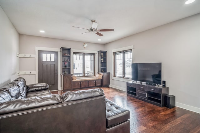 2658 SW 20th Cir, Ankeny, IA 50023 - living room featuring a ceiling fan, dark wood-style flooring, baseboards, and recessed lighting