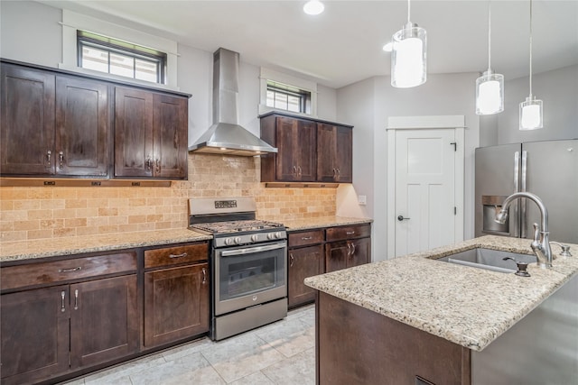 2658 SW 20th Cir, Ankeny, IA 50023 - kitchen with stainless steel appliances, wall chimney exhaust hood, a sink, backsplash, and dark brown cabinetry
