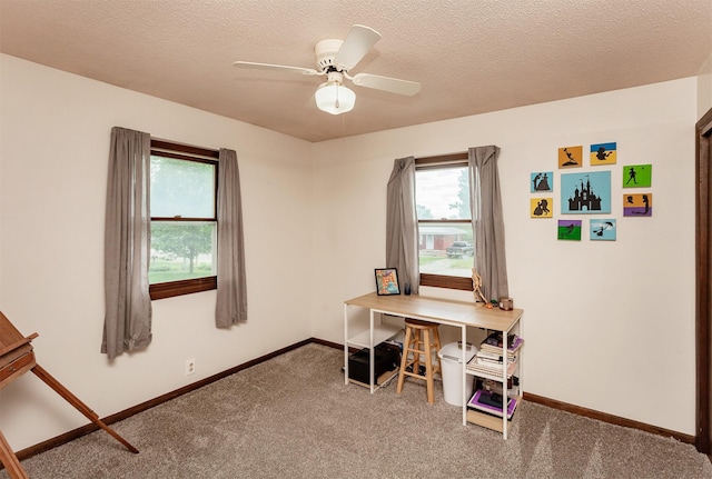 1406 110th Pl, Knoxville, IA 50138 - carpeted office with healthy amount of natural light, baseboards, a ceiling fan, and a textured ceiling