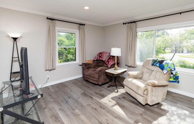 936 15th St, West Des Moines, IA 50265 - living area featuring crown molding, wood finished floors, baseboards, and recessed lighting