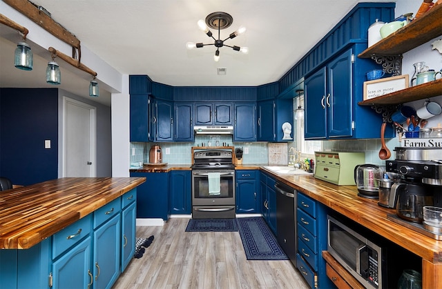623 W Front St, Stuart, IA 50250 - kitchen featuring butcher block countertops, stainless steel appliances, and blue cabinets