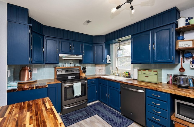 623 W Front St, Stuart, IA 50250 - kitchen featuring wood counters, appliances with stainless steel finishes, blue cabinetry, and decorative backsplash