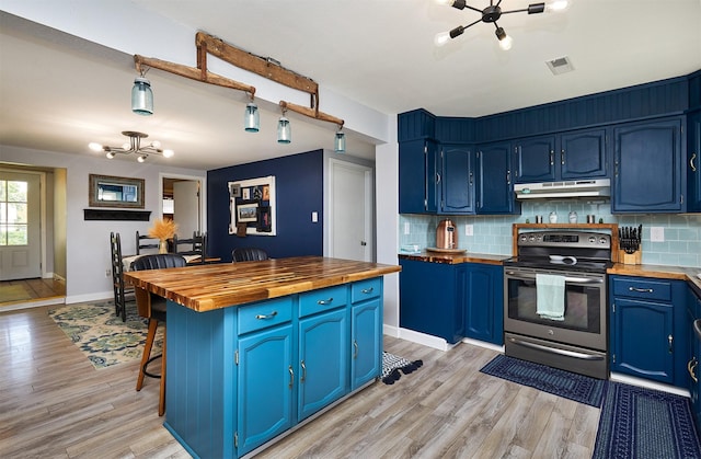 623 W Front St, Stuart, IA 50250 - kitchen featuring wooden counters, stainless steel electric stove, blue cabinetry, under cabinet range hood, and a chandelier
