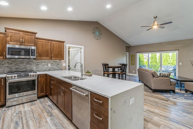 5645 Prairie Grass Dr, Johnston, IA 50131 - kitchen with appliances with stainless steel finishes, a sink, light wood-style flooring, lofted ceiling, and a peninsula