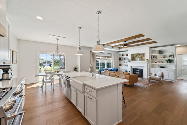 901 Cardinal Dr, Polk City, IA 50226 - kitchen featuring a sink, stainless steel appliances, a glass covered fireplace, hardwood / wood-style floors, and plenty of natural light