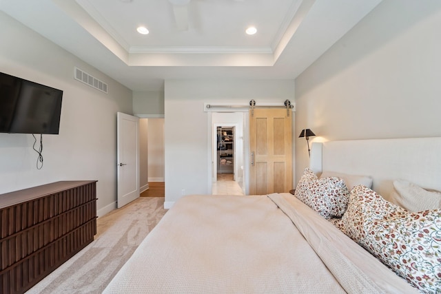 901 Cardinal Dr, Polk City, IA 50226 - bedroom with a tray ceiling, ornamental molding, light colored carpet, recessed lighting, and ceiling fan