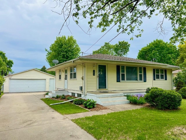 160 Bel Aire Dr, Waukee, IA 50263 - ranch-style home with an outbuilding, a garage, covered porch, and a front lawn