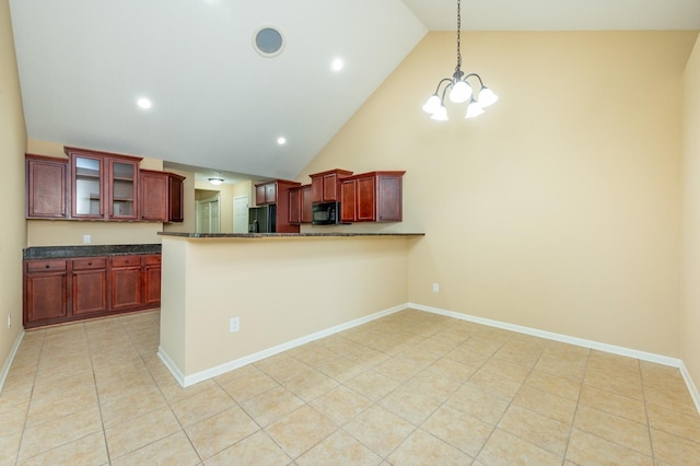 3305 SE Glenstone Dr Unit 236, Grimes, IA 50111 - kitchen with black appliances, dark brown cabinets, light tile patterned floors, a chandelier, and glass insert cabinets