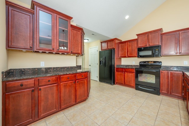 3305 SE Glenstone Dr Unit 236, Grimes, IA 50111 - kitchen featuring black appliances, dark brown cabinets, vaulted ceiling, light tile patterned flooring, and recessed lighting
