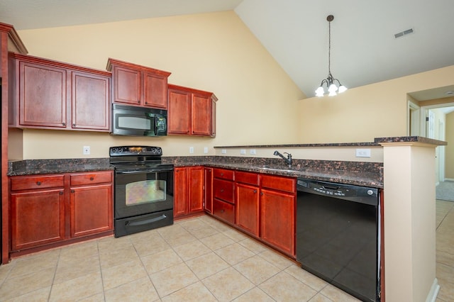 3305 SE Glenstone Dr Unit 236, Grimes, IA 50111 - kitchen featuring black appliances, dark brown cabinets, a peninsula, and high vaulted ceiling