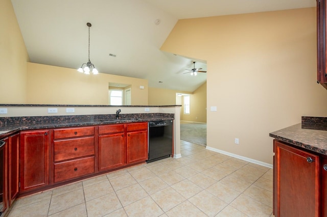 3305 SE Glenstone Dr Unit 236, Grimes, IA 50111 - kitchen with dishwasher, dark brown cabinets, a sink, lofted ceiling, and a ceiling fan