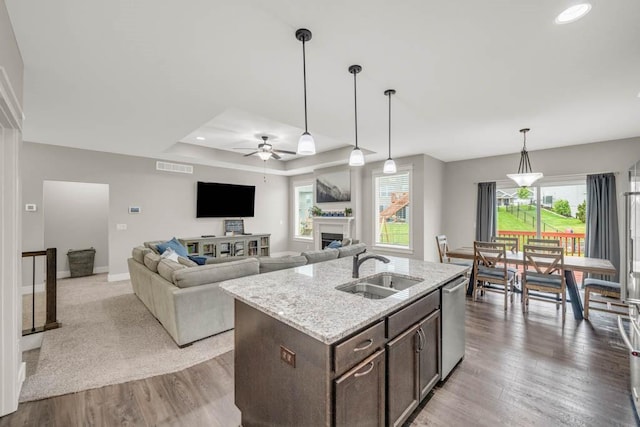 3911 NW 14th Ct, Ankeny, IA 50023 - kitchen with a sink, stainless steel dishwasher, dark brown cabinetry, a ceiling fan, and wood finished floors