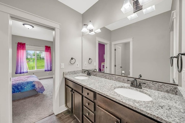 3911 NW 14th Ct, Ankeny, IA 50023 - full bathroom with double vanity, baseboards, wood finished floors, and ensuite bath