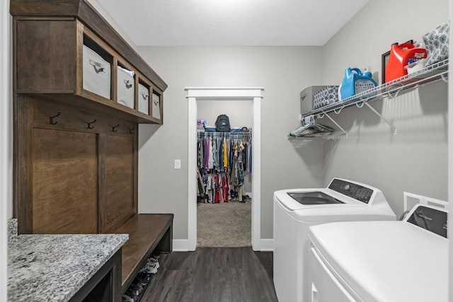3911 NW 14th Ct, Ankeny, IA 50023 - laundry room with washing machine and dryer, dark wood-style flooring, and baseboards