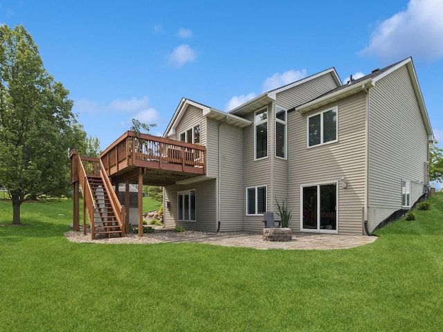 1702 Quail Cove Ct, West Des Moines, IA 50265 - back of property with stairway, a wooden deck, a lawn, and a patio