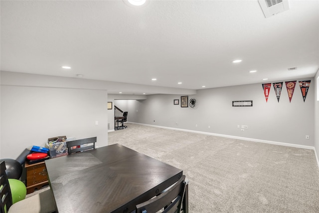 2320 SE Maxwell Dr, Waukee, IA 50263 - living room featuring recessed lighting, light carpet, baseboards, and stairs
