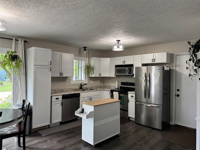 2520 NW 14th St, Ankeny, IA 50023 - kitchen with appliances with stainless steel finishes, a textured ceiling, butcher block countertops, a sink, and dark wood-type flooring