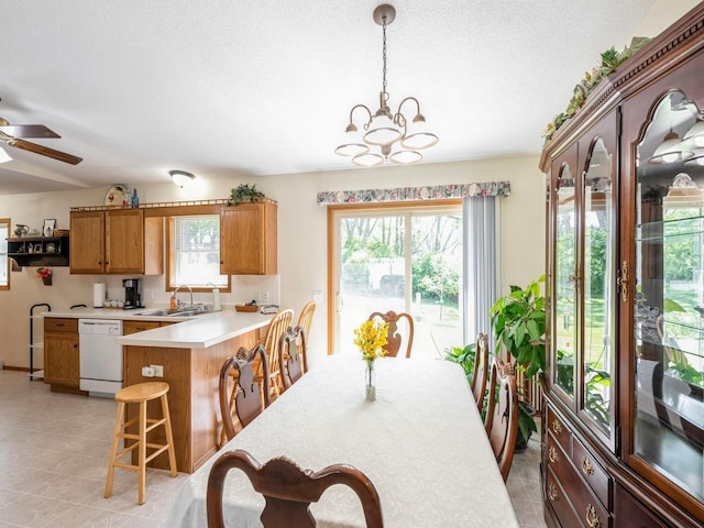 812 W 2nd St S, Newton, IA 50208 - dining area featuring plenty of natural light, a chandelier, ceiling fan, and a textured ceiling