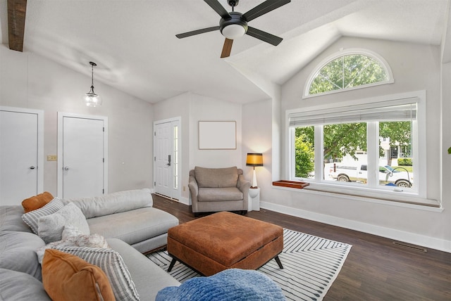 4670 Meadow Valley Dr, West Des Moines, IA 50265 - living area featuring vaulted ceiling, ceiling fan, dark wood-type flooring, and baseboards