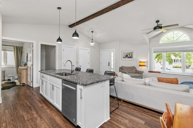 4670 Meadow Valley Dr, West Des Moines, IA 50265 - kitchen featuring a sink, dishwasher, open floor plan, ceiling fan, and dark stone counters
