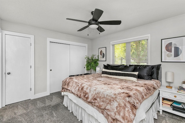 4670 Meadow Valley Dr, West Des Moines, IA 50265 - bedroom with dark colored carpet, a closet, and ceiling fan