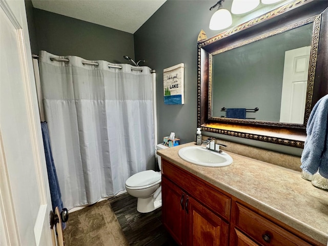 1008 Pine Brooke Ct, Clear Lake, IA 50428 - full bathroom featuring wood finished floors, vanity, toilet, and curtained shower