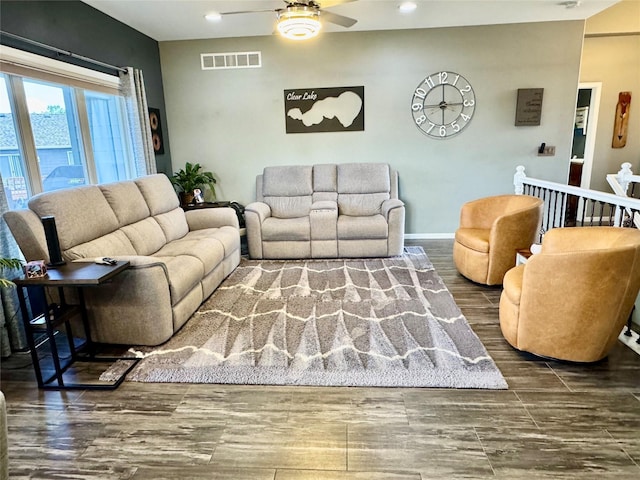 1008 Pine Brooke Ct, Clear Lake, IA 50428 - living area with a ceiling fan, wood finished floors, recessed lighting, and baseboards