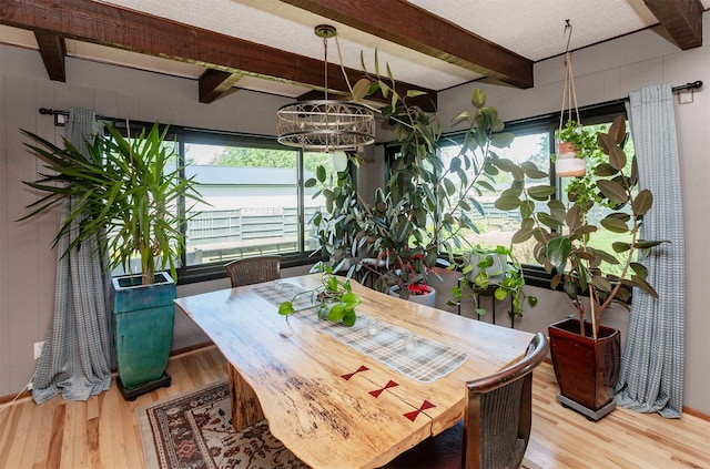 201 Jet St SW, Mitchellville, IA 50169 - dining area featuring beam ceiling, wood finished floors, and a chandelier