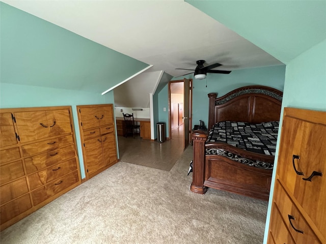 1300 Shawnee Ave, Des Moines, IA 50313 - bedroom with vaulted ceiling, a ceiling fan, and carpet floors