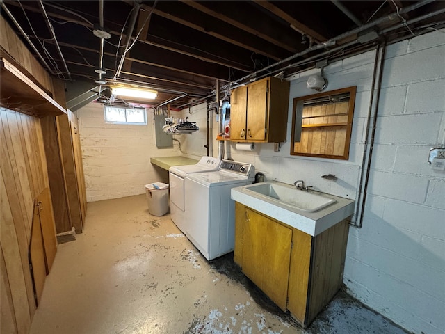 1300 Shawnee Ave, Des Moines, IA 50313 - basement featuring washer and clothes dryer, a sink, and electric panel
