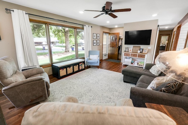 216 E 9th St, Pella, IA 50219 - living area featuring wood finished floors, a ceiling fan, recessed lighting, and baseboards