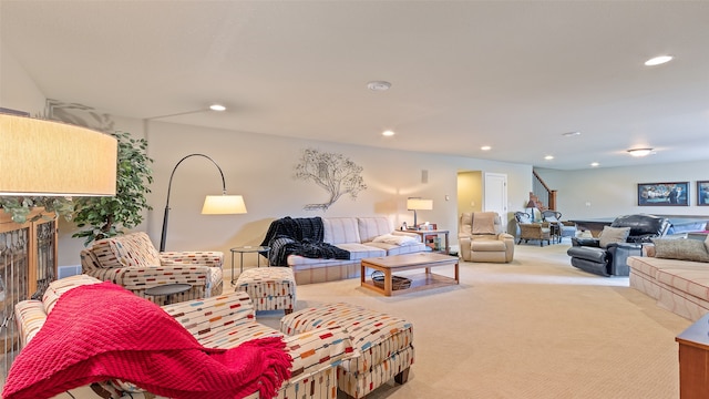 510 Lexington Dr, Clear Lake, IA 50428 - carpeted living room with recessed lighting and a fireplace