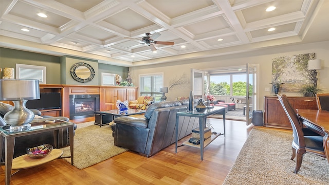 510 Lexington Dr, Clear Lake, IA 50428 - living room featuring light wood-type flooring, a high end fireplace, a ceiling fan, coffered ceiling, and beam ceiling