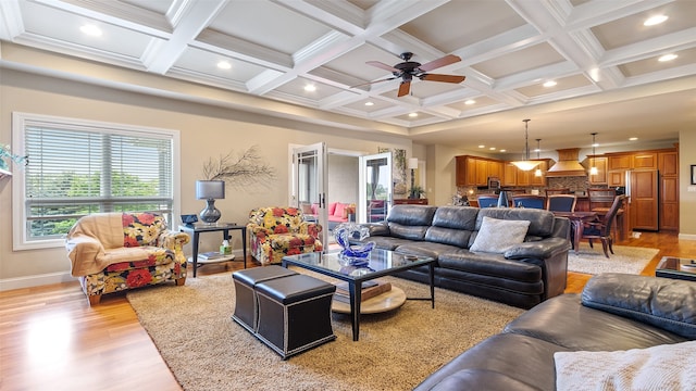 510 Lexington Dr, Clear Lake, IA 50428 - living area featuring light wood-type flooring, recessed lighting, coffered ceiling, a ceiling fan, and baseboards