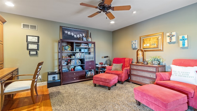 510 Lexington Dr, Clear Lake, IA 50428 - home office featuring a ceiling fan, recessed lighting, wood finished floors, and baseboards